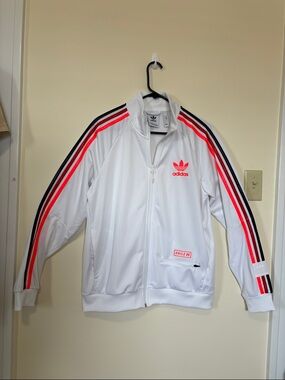 adidas Chile 20 White Track Jacket with Red Coral and Black Stripes